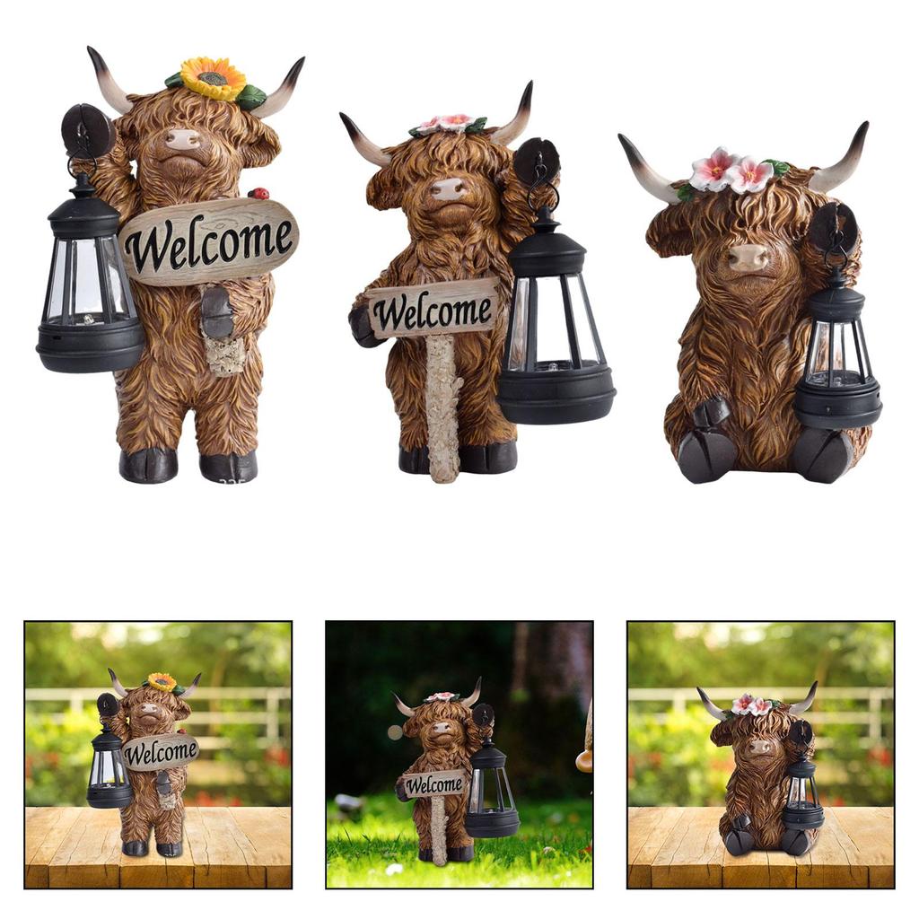 Highland Cow Statue with Solar Lights Resin Figurine Outdoor Garden decor Landscape Lamp for Courtyard Yard Lawn Patio Gifts
