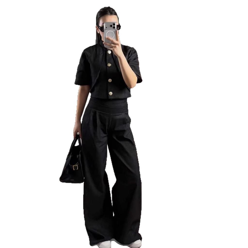 2026 Autumn New European and American Women's Clothing Cross-border Black Button Decorative Waist Suit Set Wide Leg Pants Two-piece Set