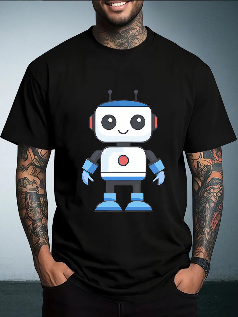 Unisex Summer Casual Short Sleeve T Shirt Cute Blue White Cartoon Robot Graphic Oversized Loose Tees Street Daily Fashion Tops