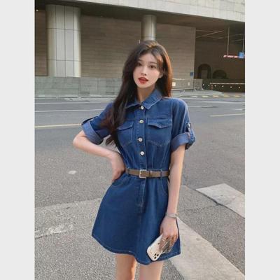 Echte Aufnahme Übergröße Denim Kurzarmkleid für Damen - Sommerkollektion, Schlankmachendes Taillendesign