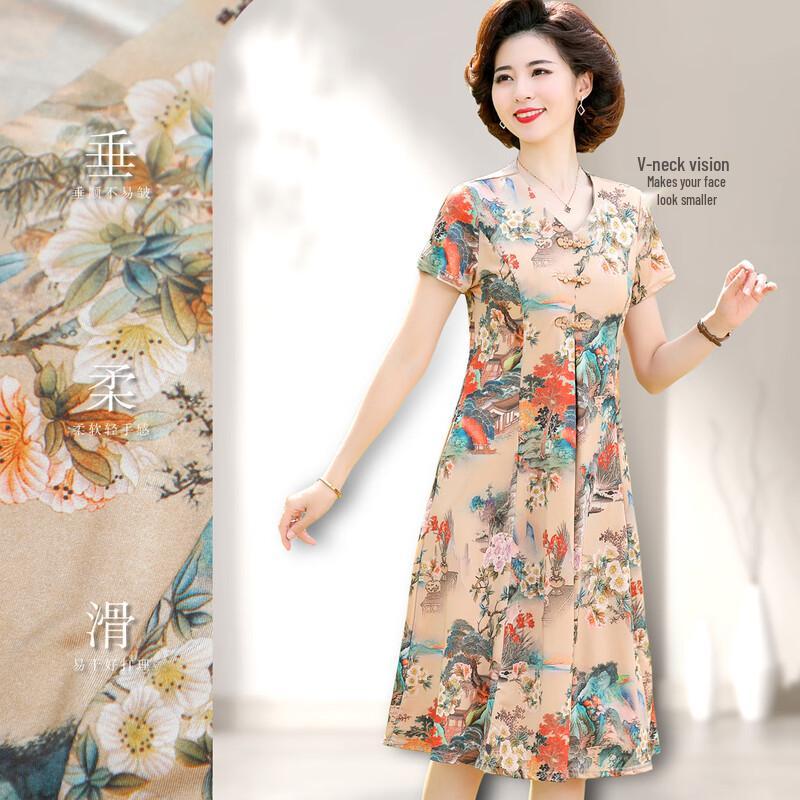Paster Women's Chinese Style V-Neck Printed Summer Dress