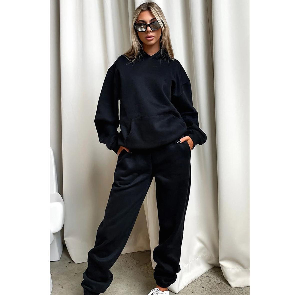 

Женский однотонный комплект осенне-зимнего флисового свитшота с длинными рукавами и капюшоном, модный повседневный толстовка, брючный костюм L чёрный