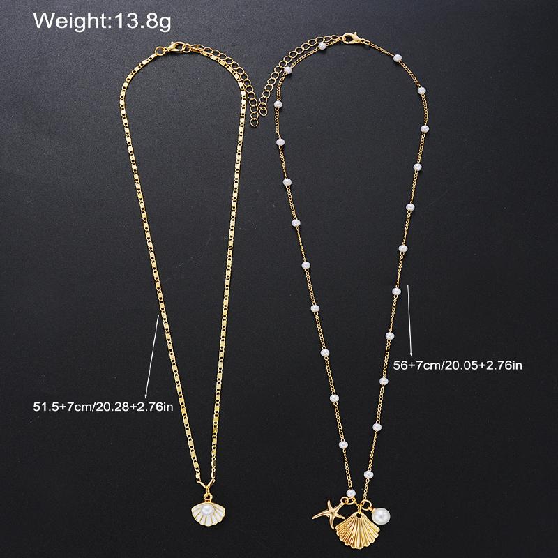 2PCS Women's Starfish Shell Imitation Pearl Necklaces Elegant Gold Color Waterproof Pendant Necklace Copper Metal Beach Jewelry