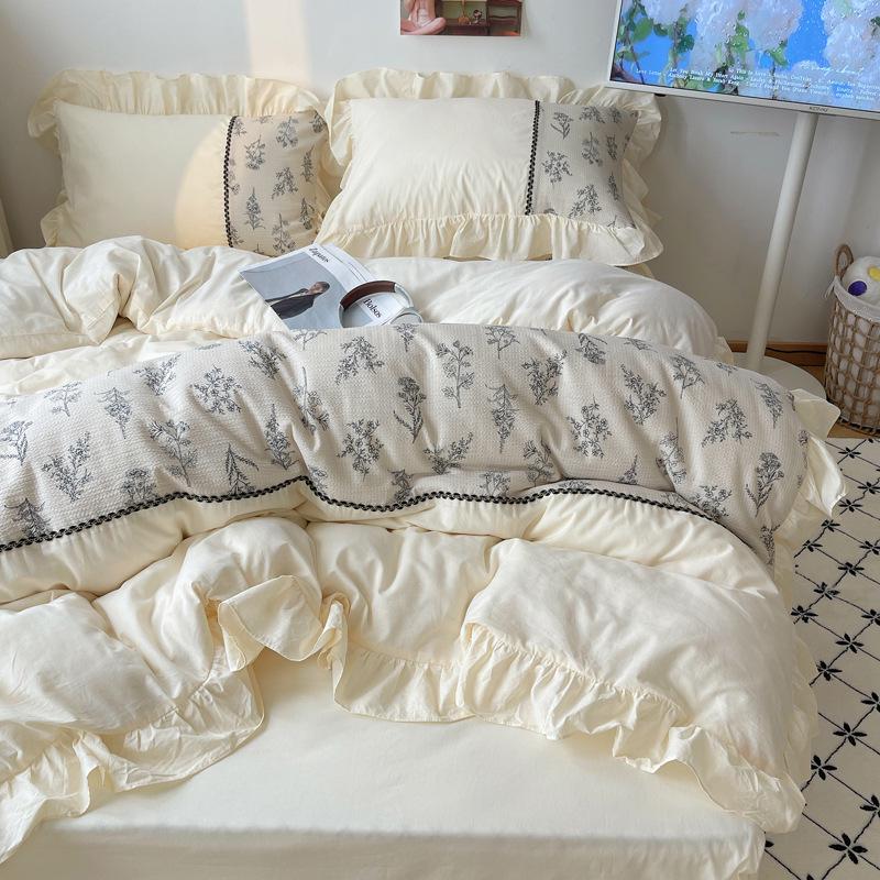 Pastoral Retro French Lace Skin-friendly Bubble Gauze Washed Cotton 4-Piece Bed Set - Su Jin Series