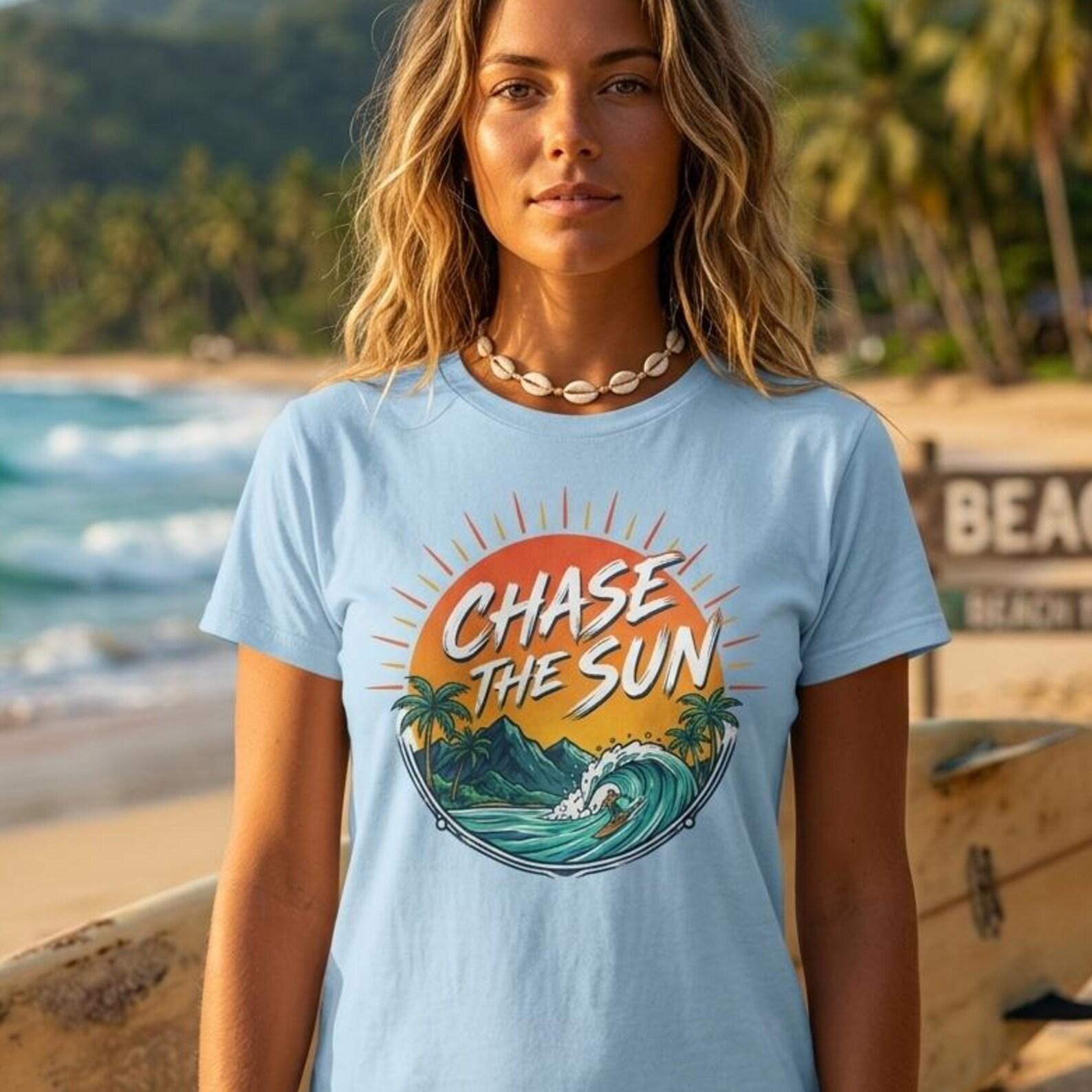 Chase the Sun Surf Shirt Tropical Sunset Beach Tee Vacation Graphic Wave Top S