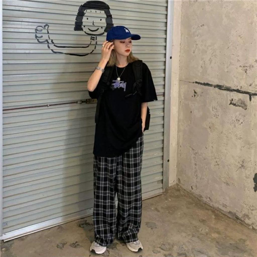 Women's Spring and Summer Draped High Waist Plaid Wide Leg Pants Loose Casual Straight Drag Pants