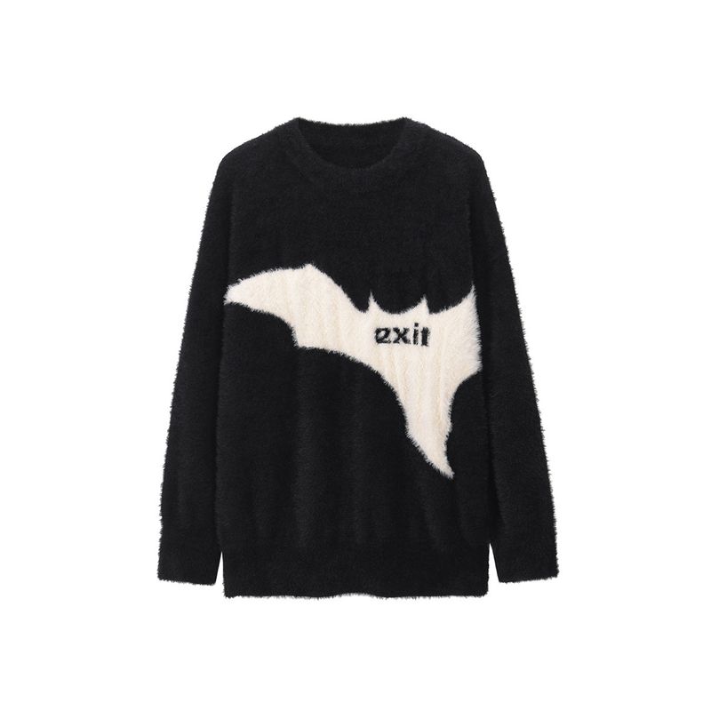 Black of Exit National Trend Lazy Style Geometric Pattern Jacquard Round Neck Sweater Mohair Knitwear for Men and Women