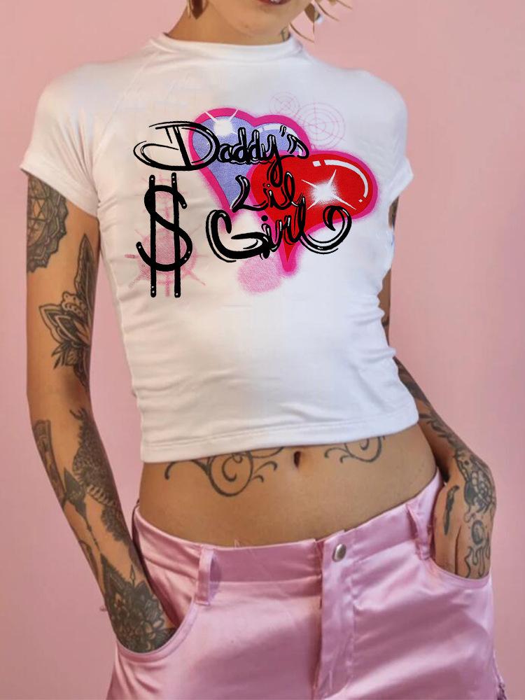 European, American English slogans Printed sexy exposed navel short T-shirt fashionable round neck slim slim top women's multi-picture
