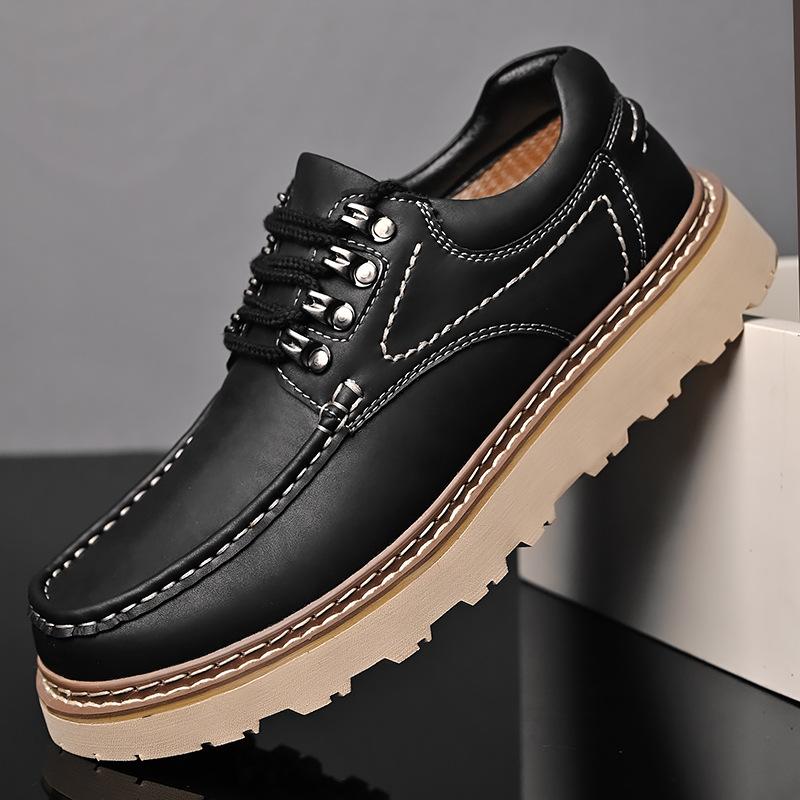 Board shoes men's 2025 new leather trend versatile casual shoes thick sole heightening non-slip soft sole simple lace-up leather shoes
