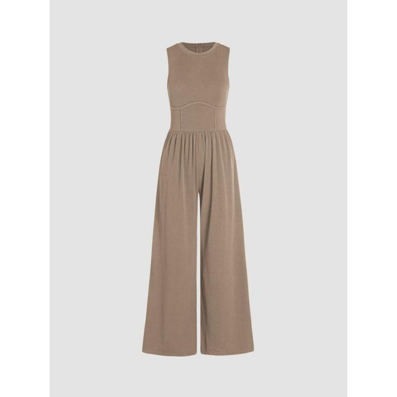 European and American Spring and Autumn Solid Vest High Waist Slim Fit Jumpsuit Round Neck Wide Leg Straight Trousers Women Clothes