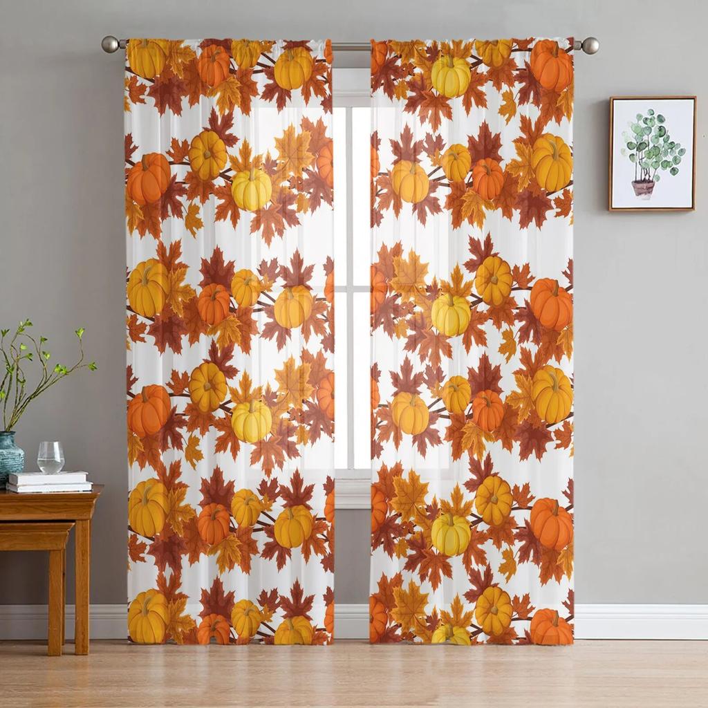 Thanksgiving Plants Farm Leaves Sheer Curtains Holiday Decoration Living Room Bedroom Window Voile Tulle Curtain