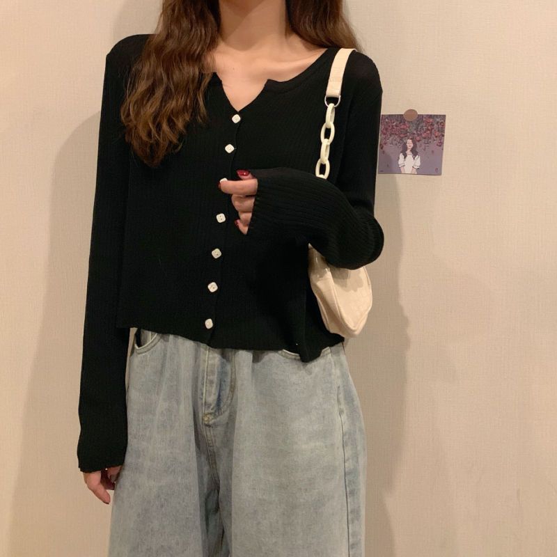 

Корейская версия повседневного тонкого вязаного кардигана, вязаная куртка, женский топ в ленивом стиле с v-образным вырезом и длинными рукавами M чёрный