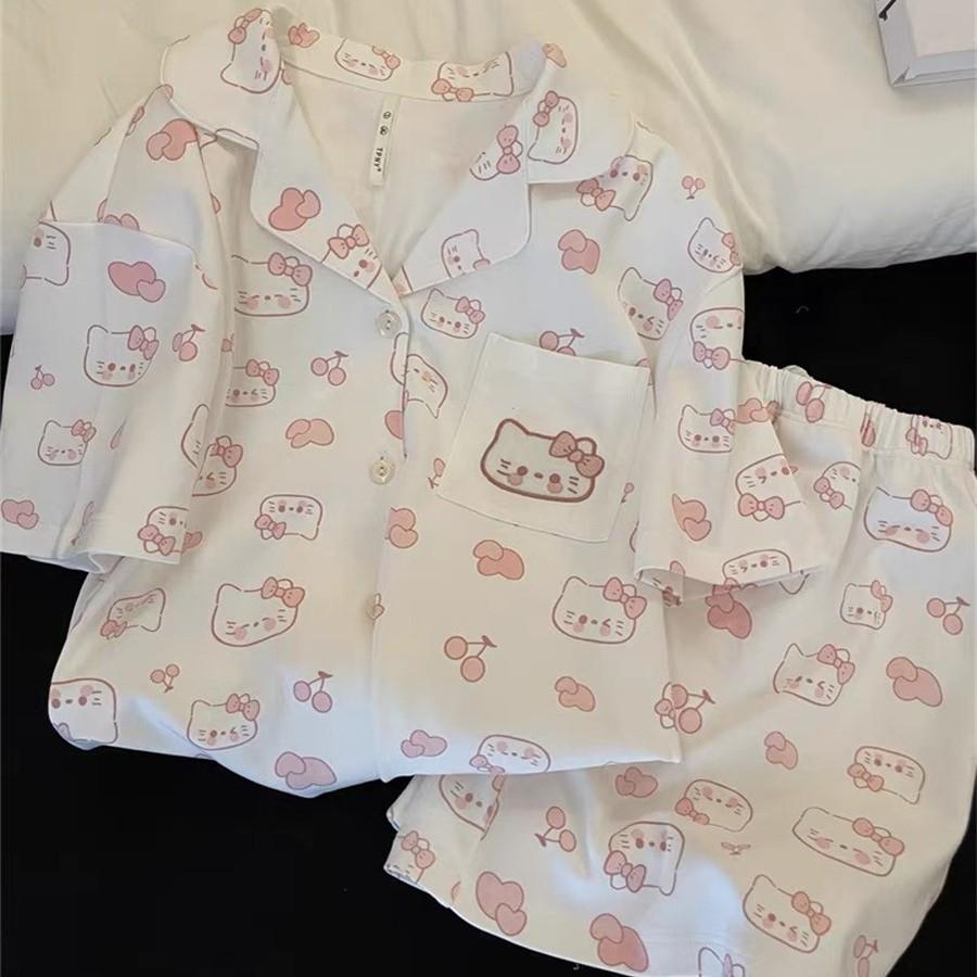 Internet celebrity sweet girl Kitty cat pajamas women's summer short-sleeved shorts cardigan set student ins loungewear
