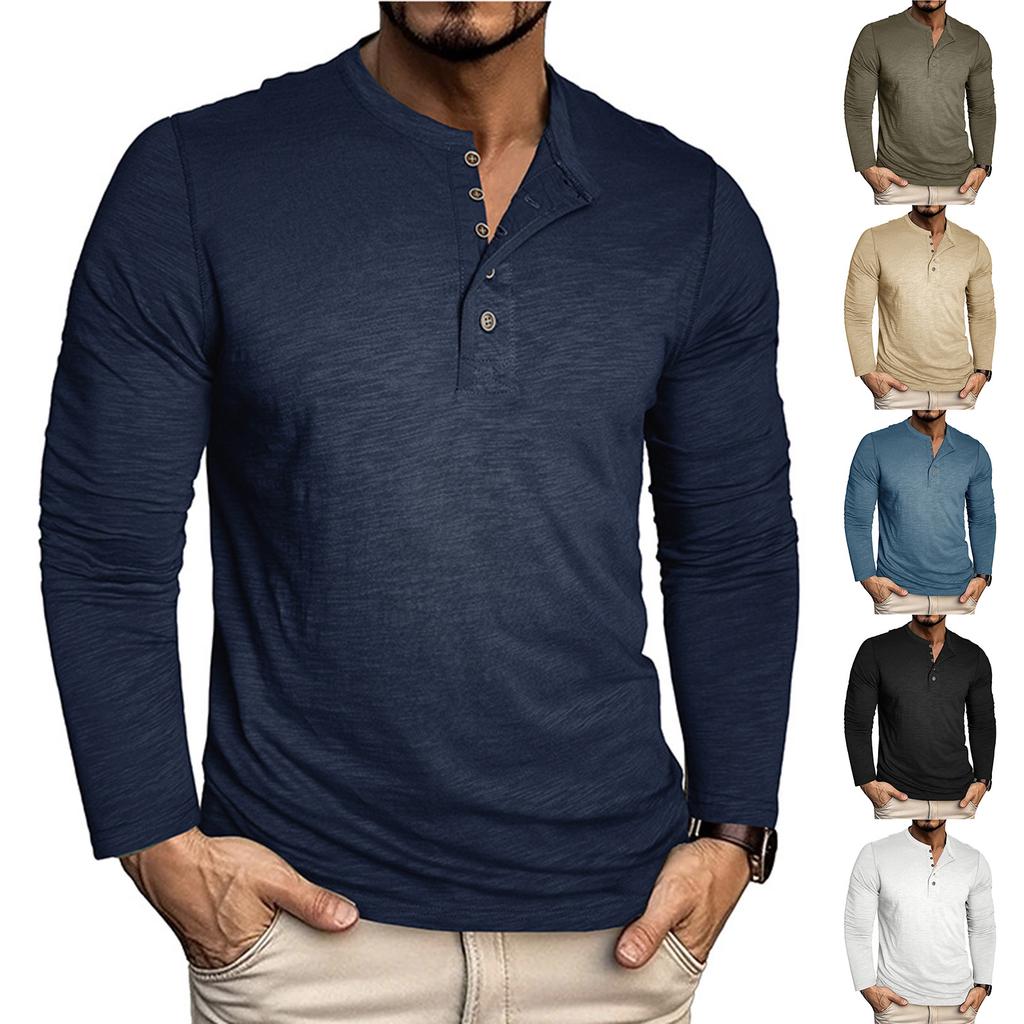 Men's Solid Color Button Lapel Long Sleeve Top Men's Casual Fashion Long Sleeve Top