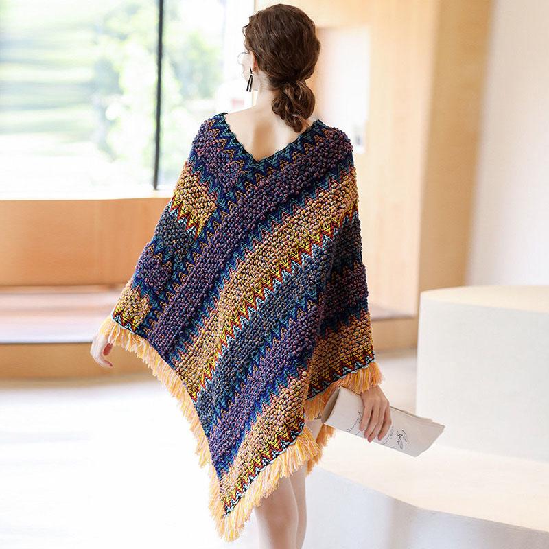 Vitange  Ethnic Pullover Sweater Coat Women Autumn Color Block Striped Loose Knit Sweater Fringed Hem Shawl Top