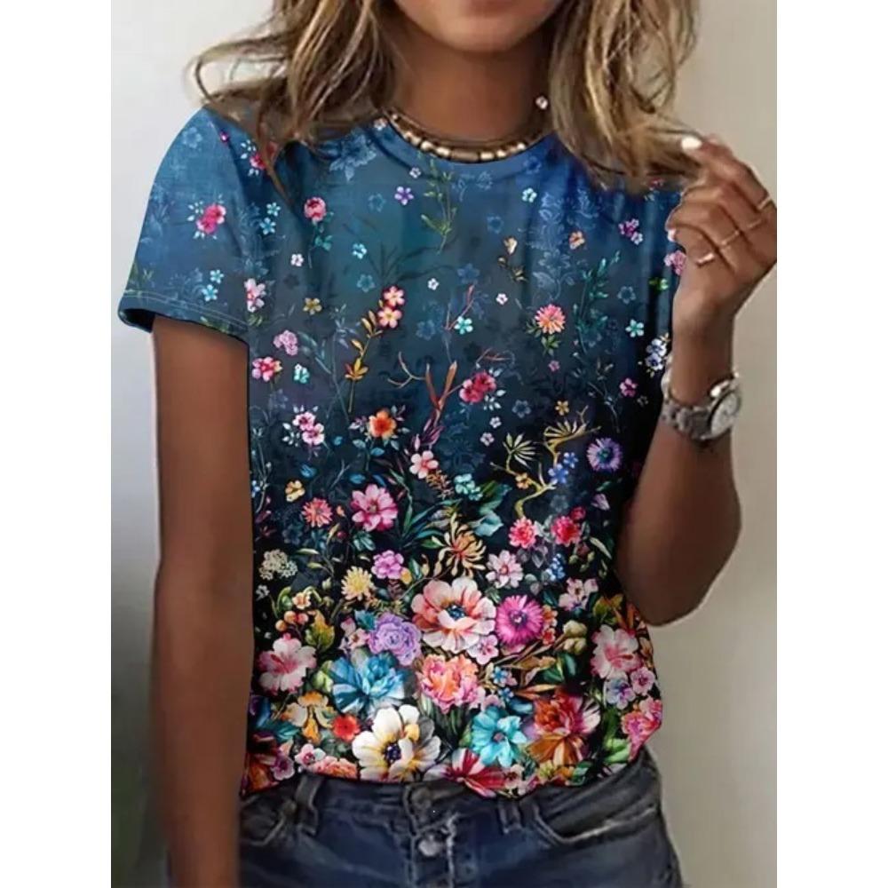 Summer Women’s Casual Fashion Flower 3D Printed T-shirt Loose Breathable Plus-size Casual Sports Versatile Crew Neck Short-sleeve T-shirt