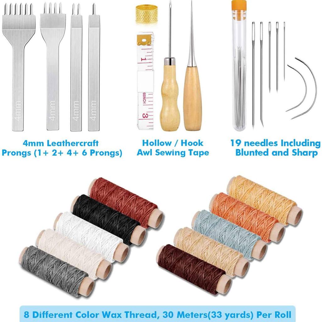 35Pcs Leather Sewing Tools Kit with 4mm Stitching Prong Punch Waxed Thread Large-Eye Needles for Beginners