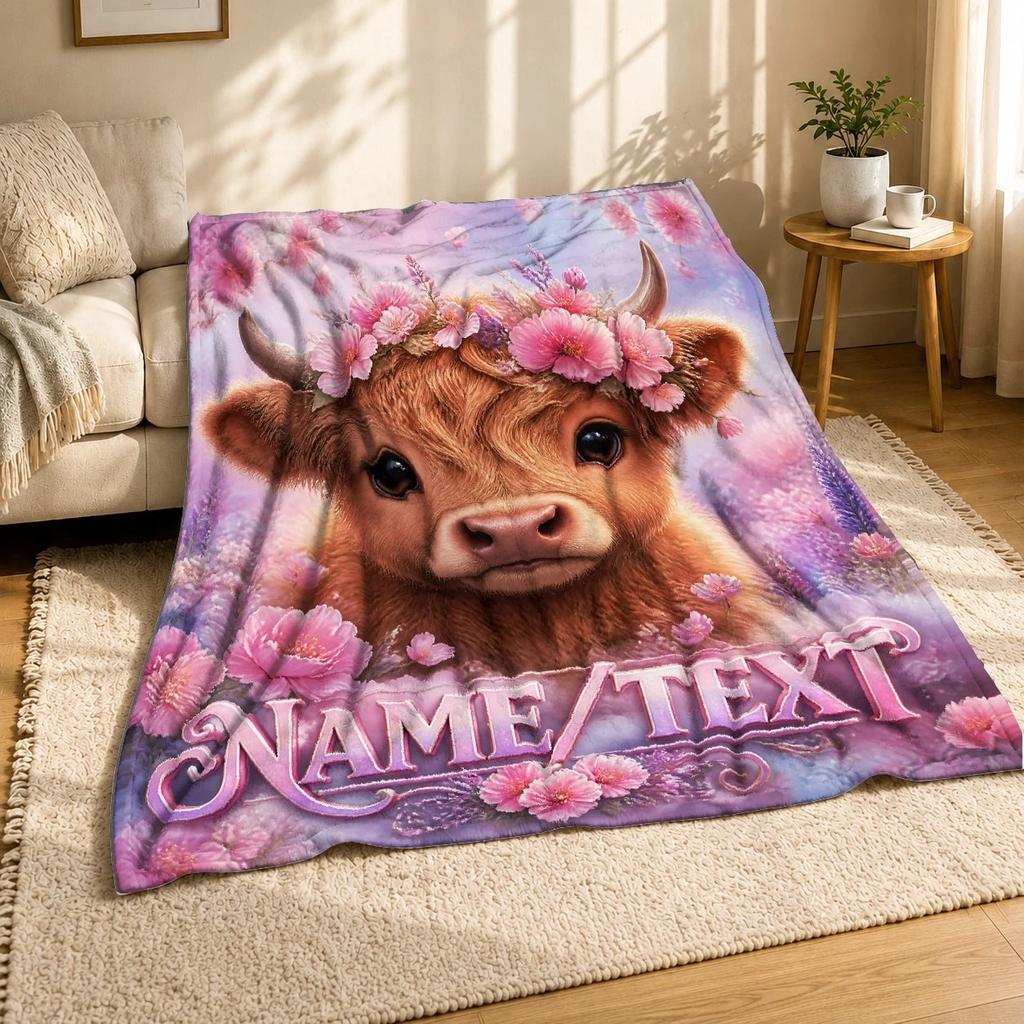 Highland Calf Name Coral Fleece Blanket Cute Farm Animal Decor