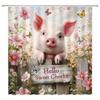 Pink Pig Shower Curtain, Lovely Animal Piggy Bath Curtain Western Animals Bathroom Decor Romantic Rose Flowers Bathroom Curtain