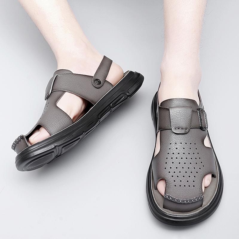 Fashion Luxury Brand Men Sandals 2024 Summer Toe Wrap Sandals Anti-slip Leather Sandals Soft Sole Slippers Breathable Casual Brown Shoes