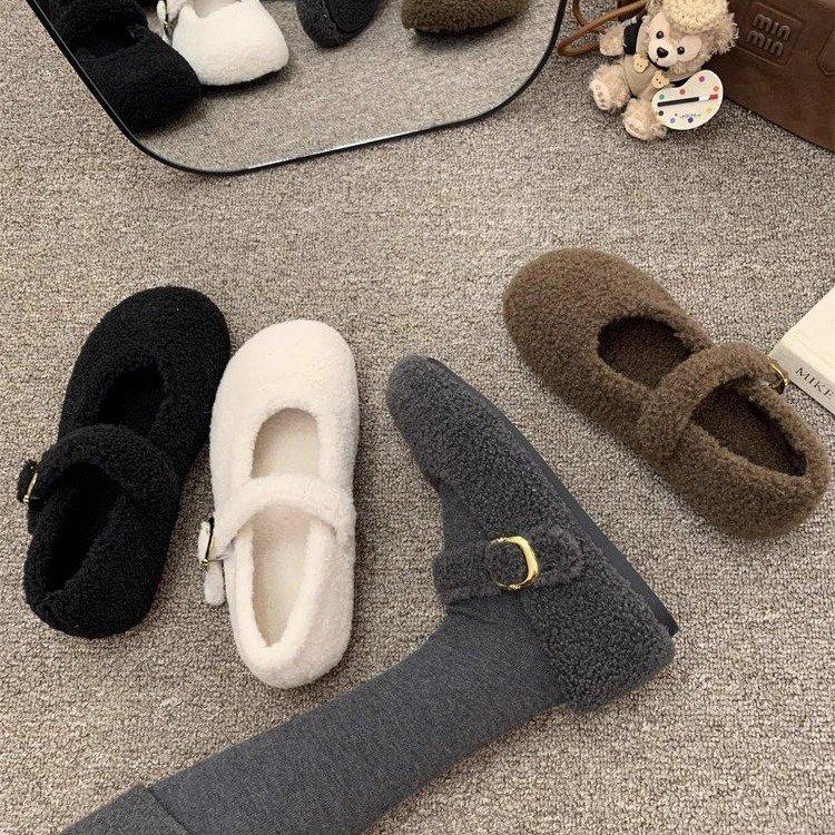Inner height increase Mary Jane wool shoes women's 2025 new one-pedal lazy shoes one-word buckle with lamb wool single shoes