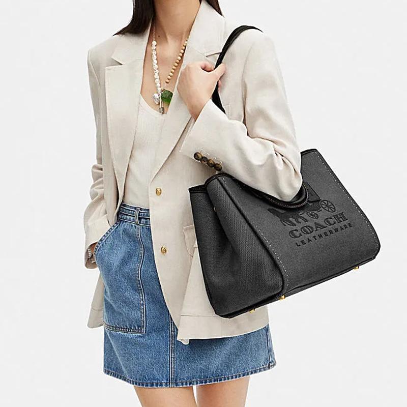 Neue COACH Stoff Tragetasche, Einkaufstasche, Ein-Schulter Handtasche Große Größe Damen Schwarz CJ829-B4BK