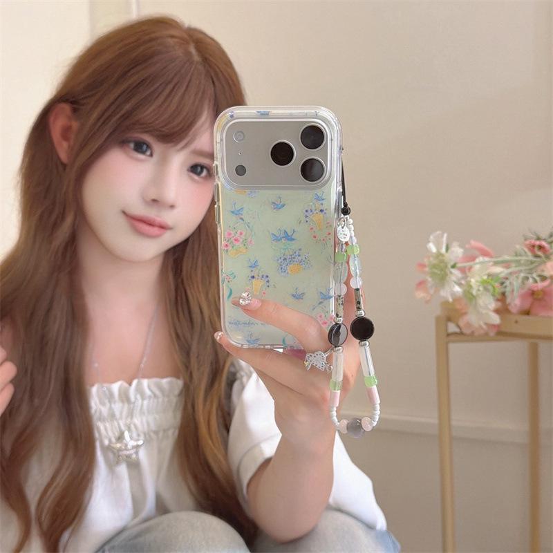 High-End French Retro Floral Bird Chain Phone Case for iPhone 17, 16 Pro Max, 15, 14