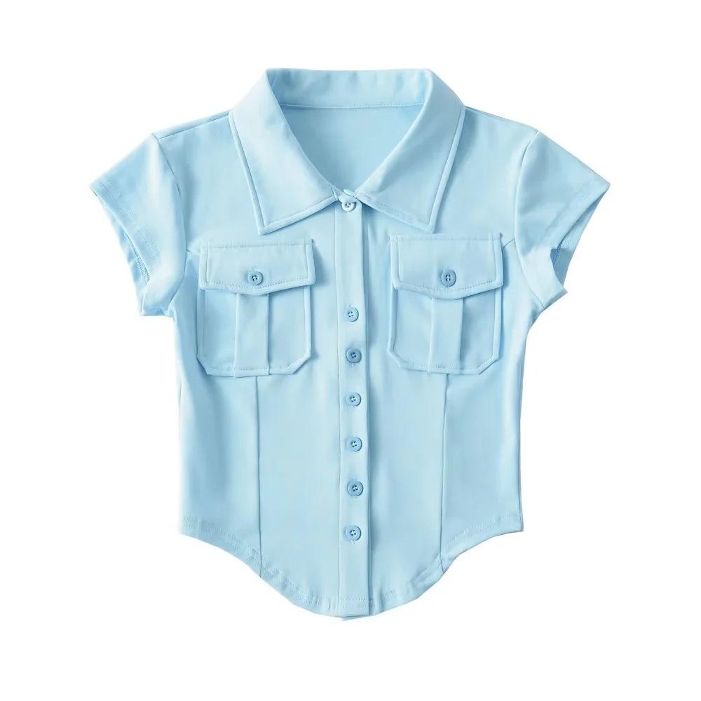 

Футболка однобортная женская с двойным карманом и воротником-поло с короткими рукавами и закругленным краем L синий