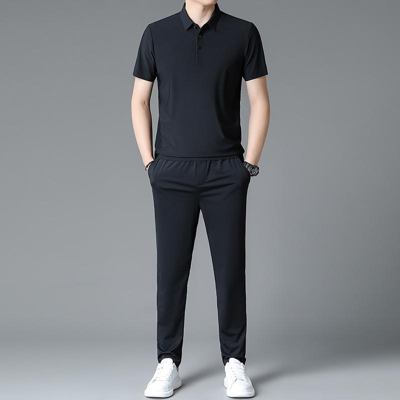 Summer Men's Sports and Leisure Suit Short-sleeved Trousers Home Ice Silk 2-piece Suit