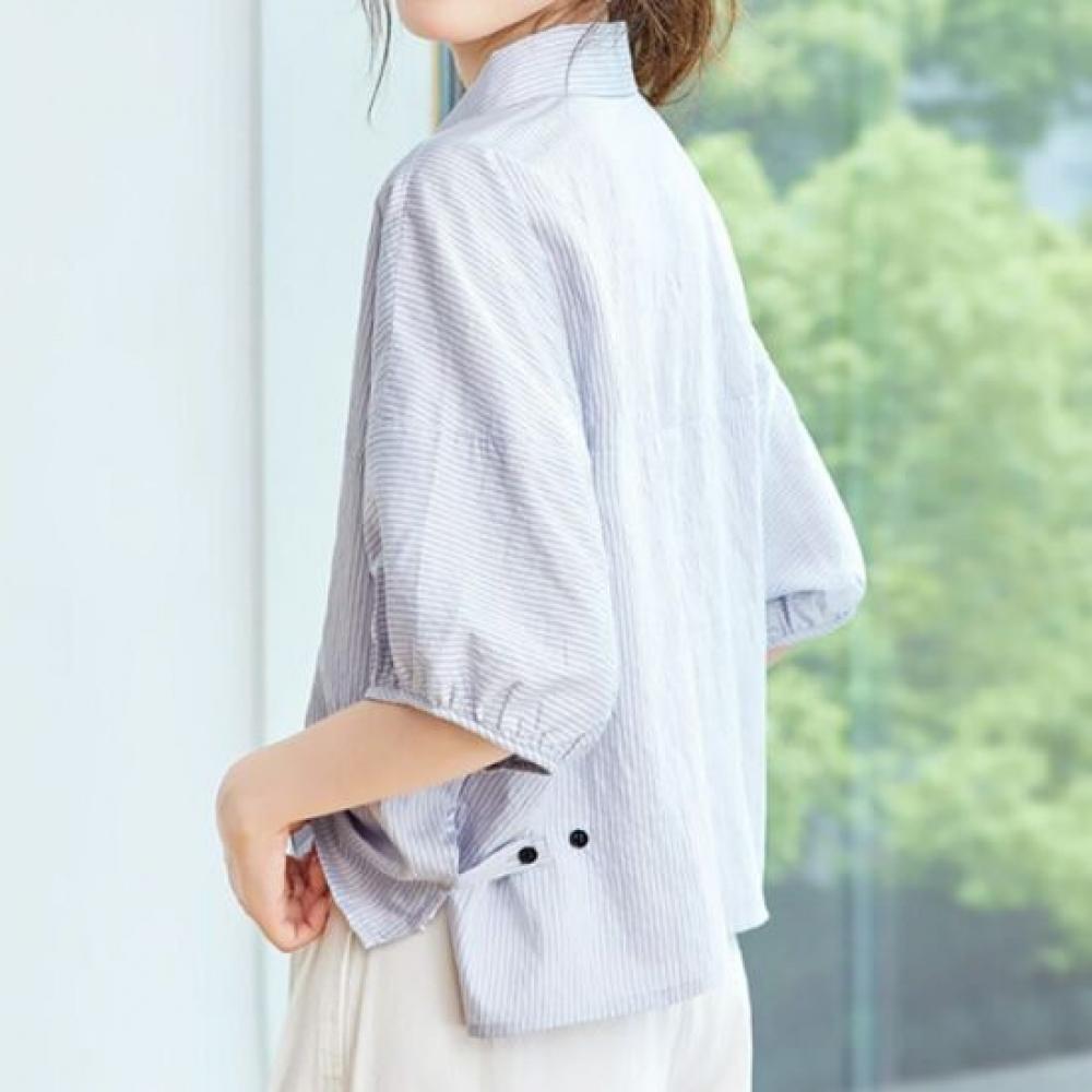 Navava Women Casual Daily Stripe Collar 5 Sleeve Shirt Blouse Nb3190