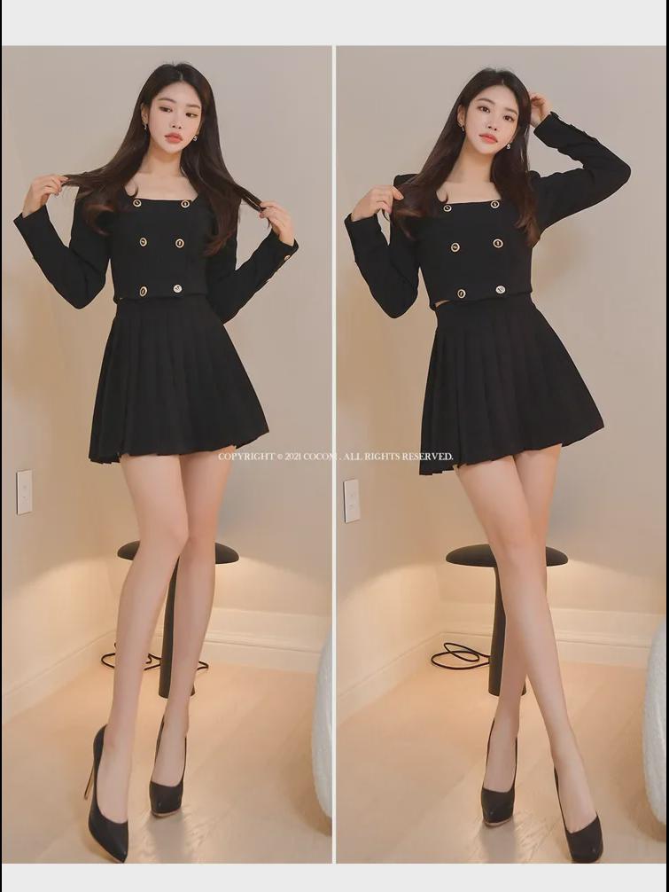 2023 Autumn Korean Style Women's Fashion: Double-Breasted Jacket and Pleated Skirt Two-Piece Suit