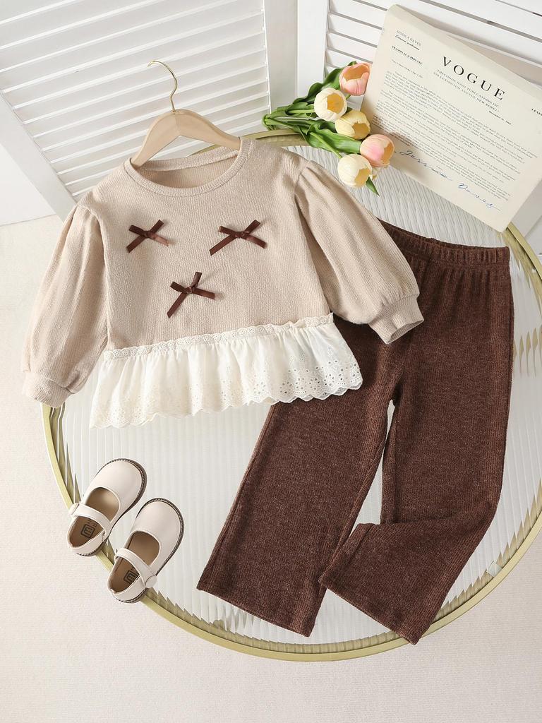 Girls' 2-Piece Set: Korean-Style Sweet Lace-Trimmed Top with Cut-Outs and Ribbon Bow, Paired with Soft, Cozy Casual Pants (Autumn/Winter)