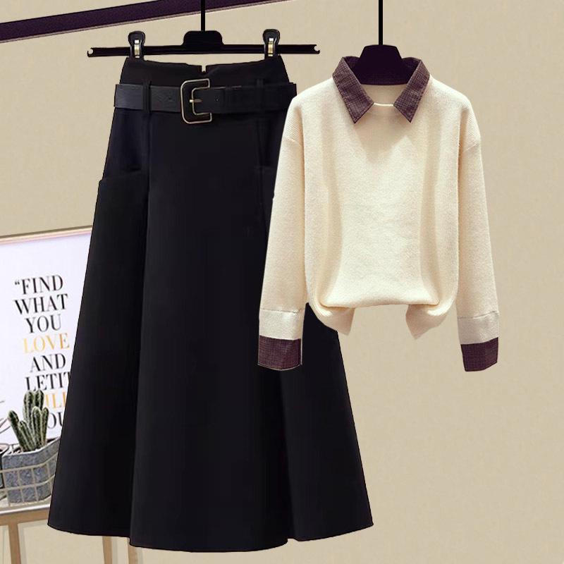 2023 Dámský luxusní pletený svetr a áčková sukně ze směsi vlny