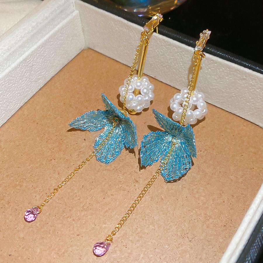 Silver Needle Fabric Flower Glass Fringed Earrings Medium Antique Temperament Stud Earrings Design Sense Niche Earrings