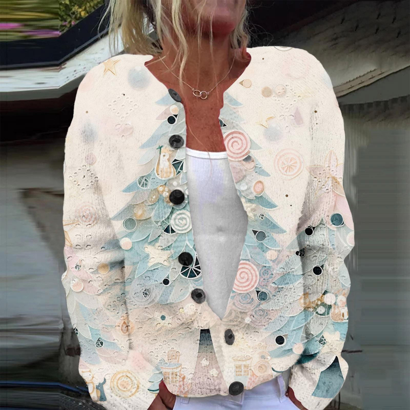 

Женская мода с длинным рукавом, рождественский принт «Снеговик-снежинка», куртка, кардиган L бежевый