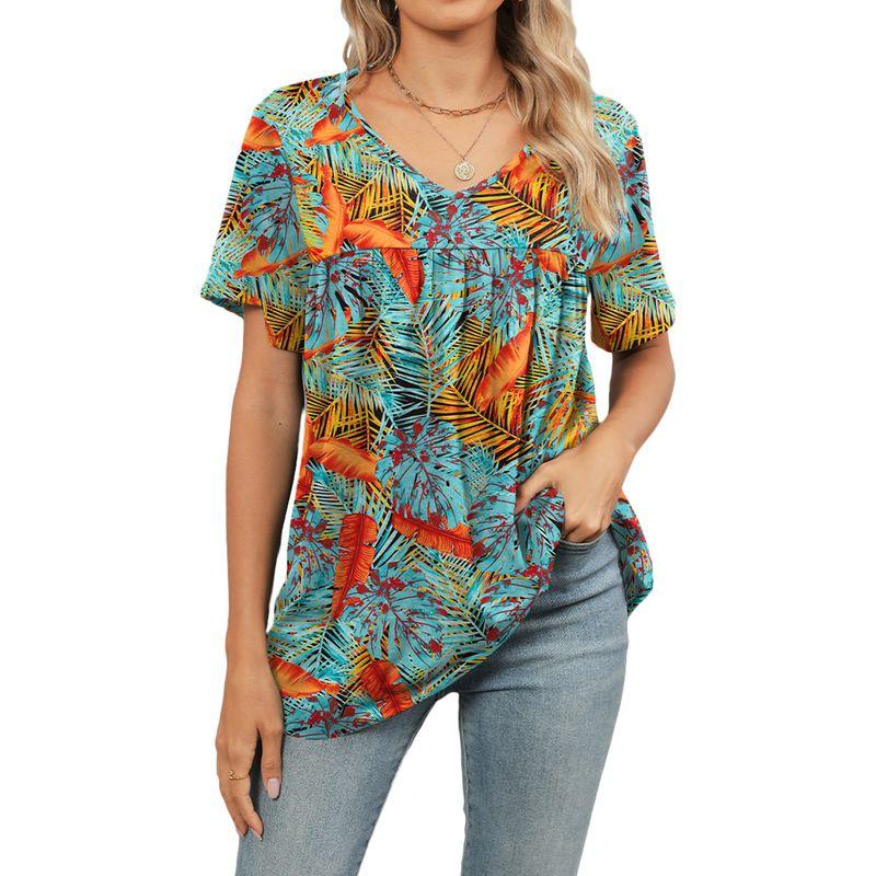 Short-Sleeve V-neck Short-Sleeve Top European and American Flower Short sleeve T-shirt Top Women