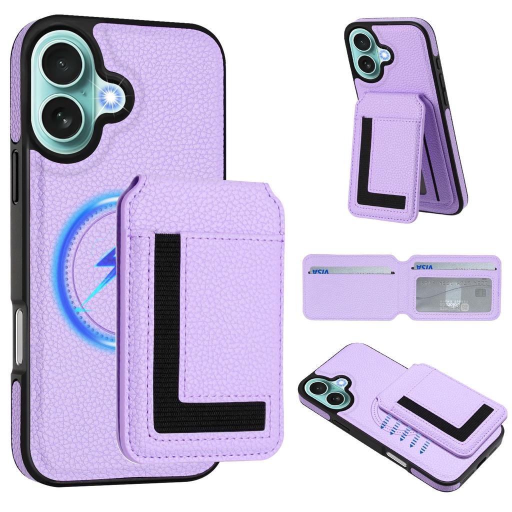 Applicable to iPhone16 mobile phone case, Samsung S25 lychee pattern wireless charging magnetic card bag bracket multi-function anti-drop