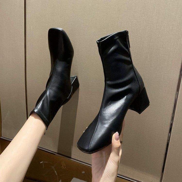 Fleece Boots Women's Thick Heel 2025 Spring and Autumn Short Boots Middle Heel Martin Boots British Style Square Head Elastic Skinny Boots