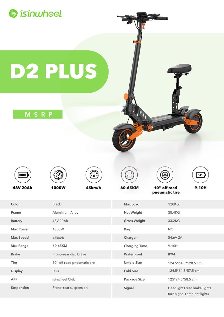 isinwheel D2 Plus Electric Scooter - 1000W Motor, 65km Range, 10" Off-Road Tires with Dual Suspension & LCD Display