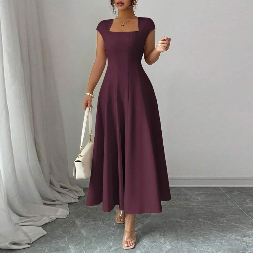 Women's Solid Color Square Neck Slim Fit A-Line Dress Cap Sleeve Midi Length Casual Dress for Daily Wear