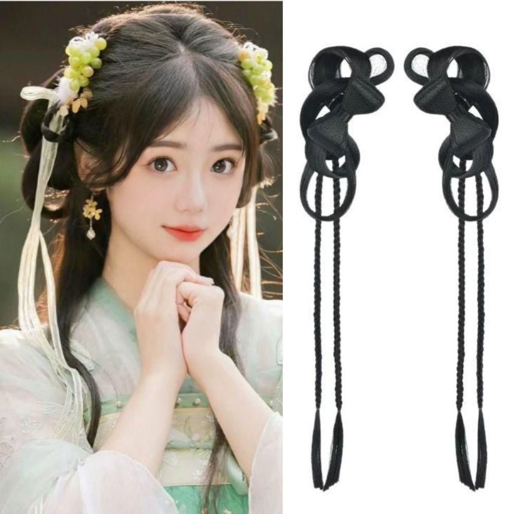 Double Ponytail Bow Bun Head Wig Chinese Hanfu Pony Tail Hairpiece  Princess Cosplay