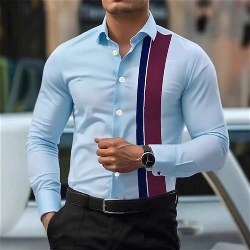 Men's Fashionable Contrast Color Striped Long Sleeve Shirt European and American Style Business Casual Trendy Casual Men's Shirt