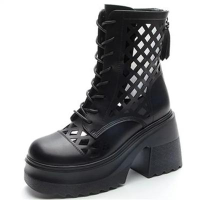 Mode Sommer Coole Stiefel Damen Blockabsatz Plateau Stiefeletten Damen Ausgeschnitten Rindsleder Atmungsaktiv Dicker Absatz Schuhe
