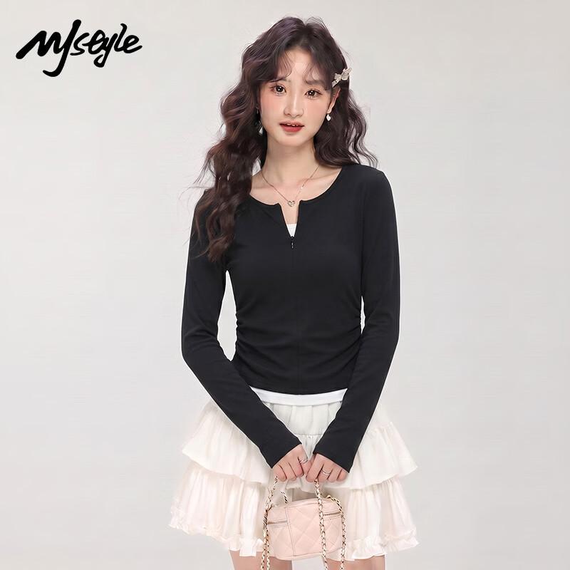 MJ STYLE Women's Layered Look Half-Zip Long-Sleeve T-Shirt
