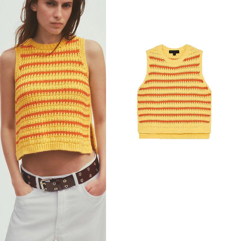 Summer New Product Women's Clothes Hem Side Slit Stylish Stripes Round Neck Sleeveless Knitting Tops 6771065