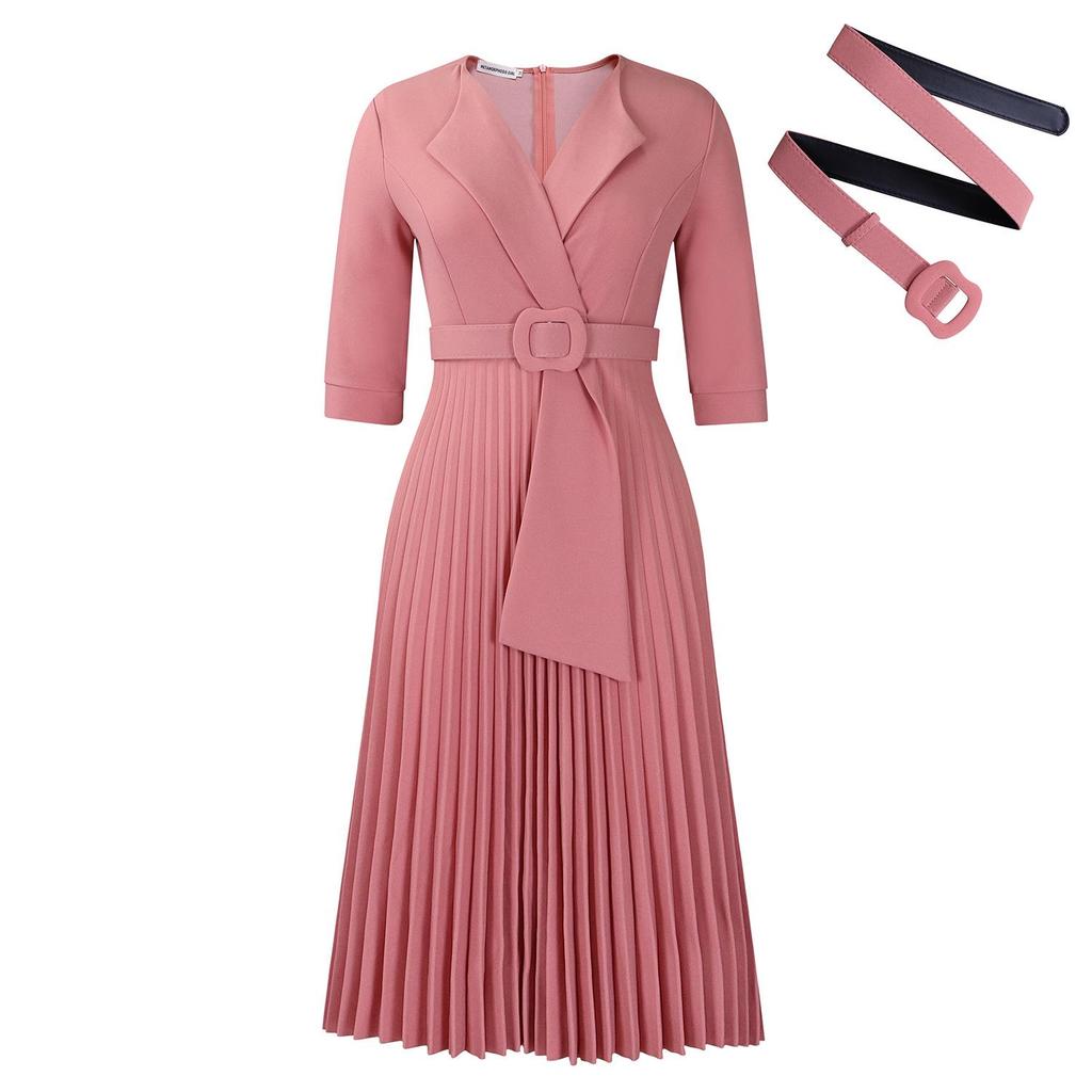 L51 Women's Suit Collar Tie-Waist Pleated African Dress