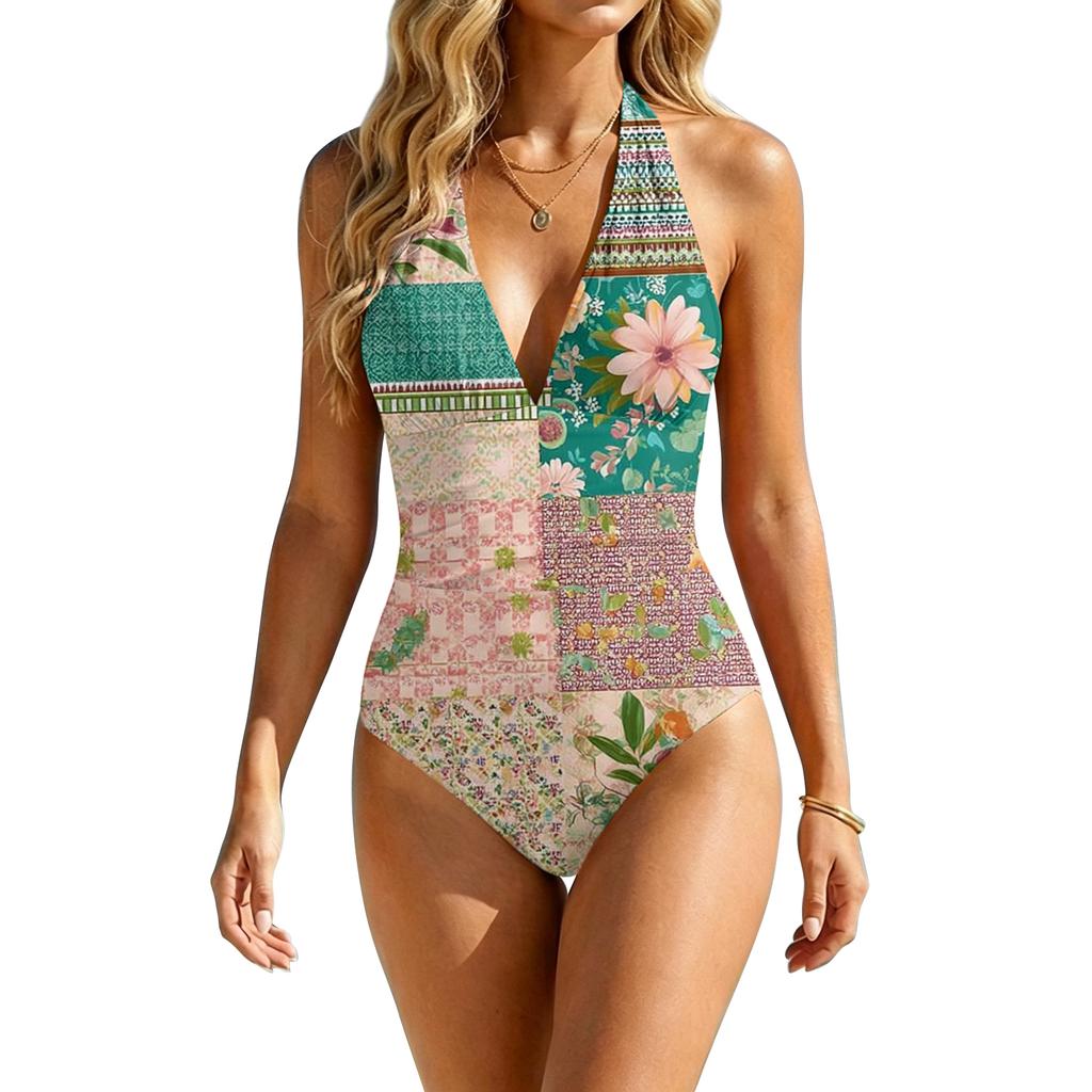 Women Boho Patchwork Print Swimsuit Deep V Backless Slim Fit Bathing Suit Swimwear Beachwear