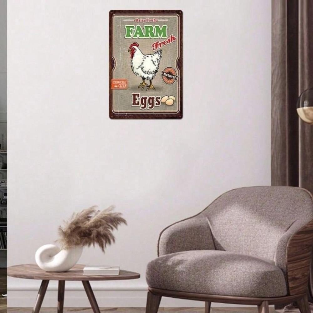 Metal Poster Wall Art Retro Farm Chicken Hen Eggs Kitchen Decor