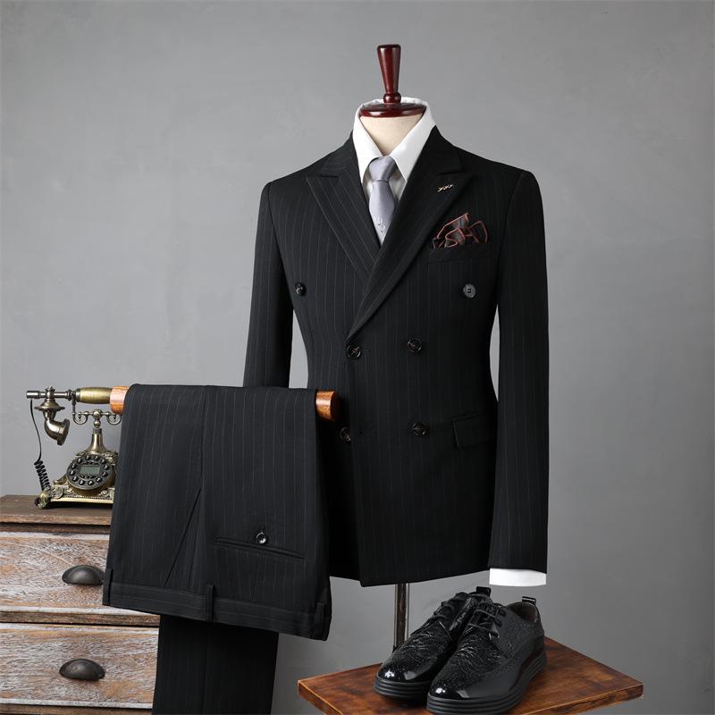 Men's Double-Breasted Striped Suit Set for Weddings & Business – Slim Fit Tuxedo & Formal Wear