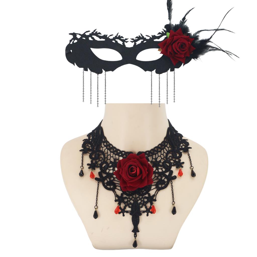 Gothic Style Lace Mask & Rose Tassel Choker, Sweet Cool Neck Jewelry for Women